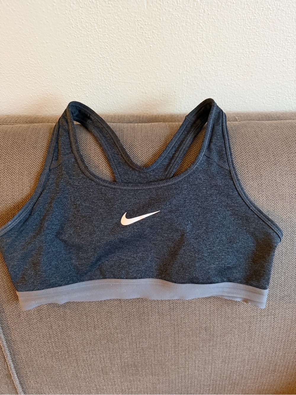 Nike Women's Heather Charcoal Racerback Sports Bra with White Swoosh